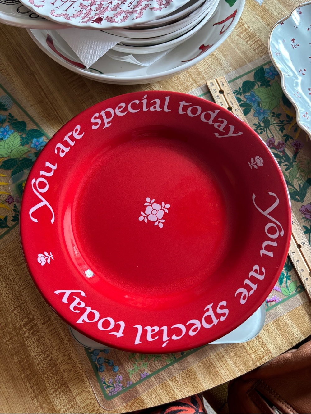 Red Decorative Serving Bowl with Uplifting Message